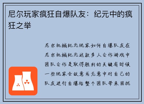 尼尔玩家疯狂自爆队友:纪元中的疯狂之举