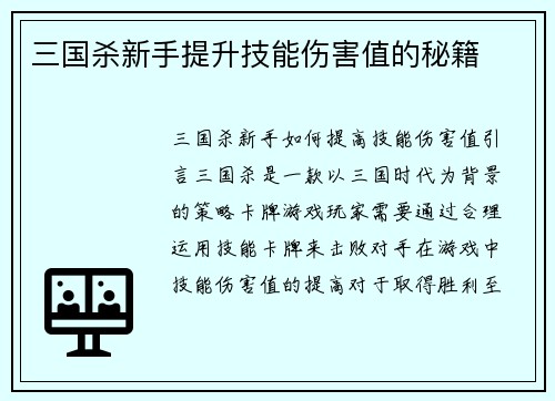 三国杀新手提升技能伤害值的秘籍