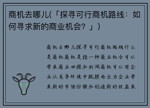 商机去哪儿(「探寻可行商机路线：如何寻求新的商业机会？」)
